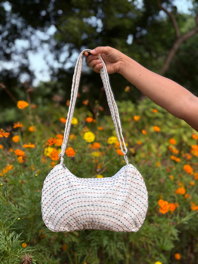 Kantha stitch linen sling bag